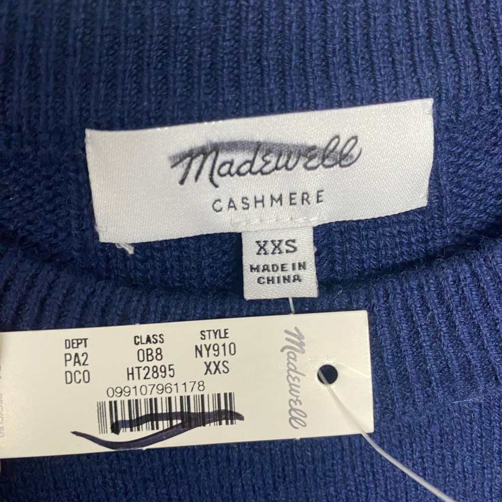 Madewell Cashmere Crewneck Sweater Navy Blue Ribbed Back NY910 Mens XXS NWT - Picture 3 of 8
